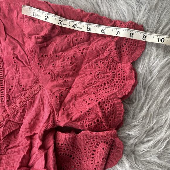 Knox Rose Womens Top Size XXL Plus Solid Red Eyelet Lace Short Sleeve Bohemian - Picture 8 of 9